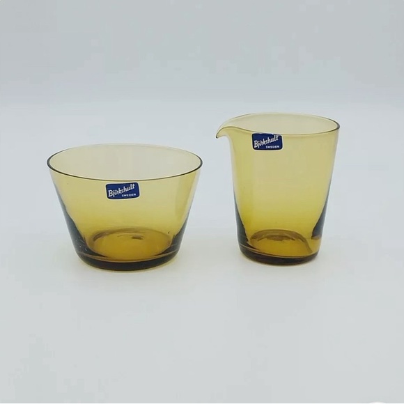 Vintage Bjorkshult Sweden Creamer and Sugar Bowl Set Amber Glass - Picture 7 of 7